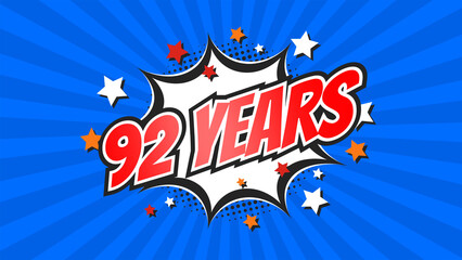 Celebratory animation for 92nd ninety-second anniversary - 92 ninety-two years birthday. Flat text on pop colorful background with rays.