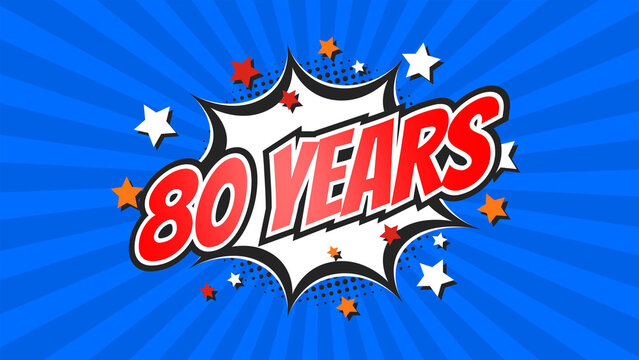 Celebratory animation for 80th eightieth anniversary - 80 eighty years birthday. Flat text on pop colorful background with rays.