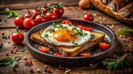 Gourmet Toast with Fried Egg, Cherry Tomatoes, and Spices - Delicious Breakfast Inspiration for Food Lovers and Culinary Enthusiasts