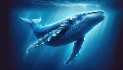 Fototapeta premium Realistic Digital Artwork of a Blue Whale Swimming Underwater, Showcasing Detailed Skin Texture, Natural Blue Tones, Ocean Depths, Water Particles, and Light Filtering Through the Water