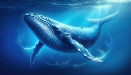 Realistic Digital Artwork of a Blue Whale Swimming Underwater, Showcasing Detailed Skin Texture, Natural Blue Tones, Ocean Depths, Water Particles, and Light Filtering Through the Water