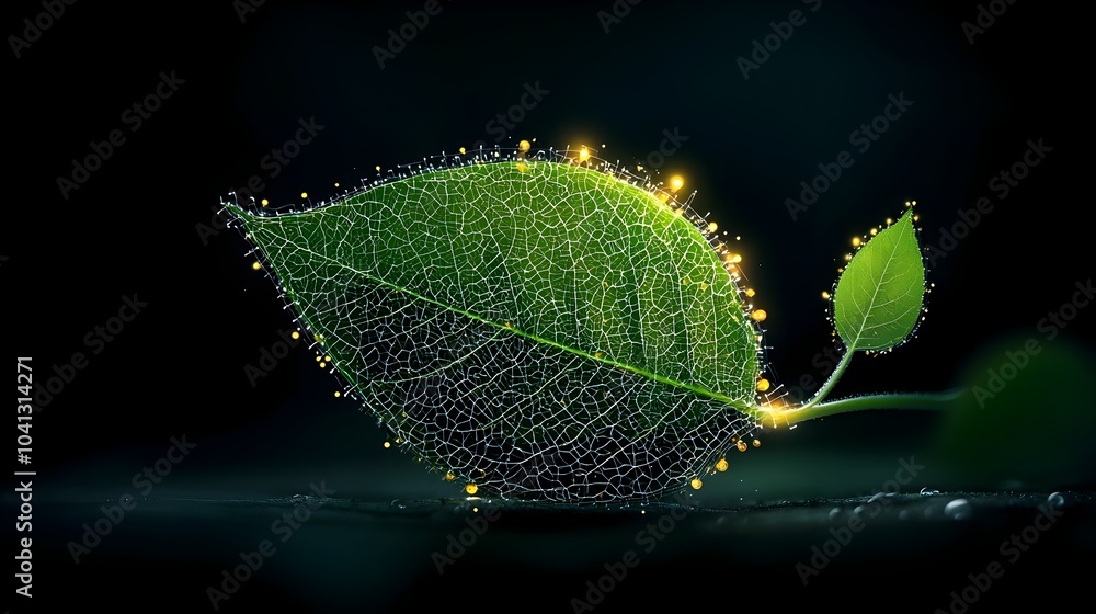 Aufkleber Glowing mesh 3D rendering showcasing the intricate process of photosynthesis occurring within the structure of a leaf  This digital offers a unique