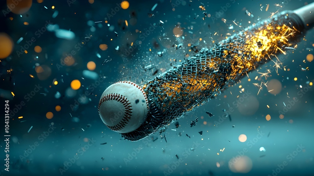 Poster glowing mesh baseball bat hitting a ball surrounded by dynamic sparks and luminous trails creating a