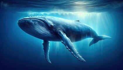 Fototapeta premium Realistic Digital Artwork of a Blue Whale Swimming Underwater, Showcasing Detailed Skin Texture, Natural Blue Tones, Ocean Depths, Water Particles, and Light Filtering Through the Water