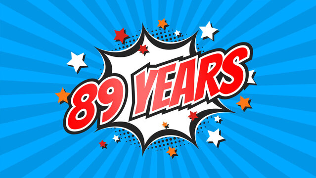 Celebratory animation for 89th eighty-ninth anniversary - 89 eighty-nine years birthday. Flat text on pop colorful background with rays.