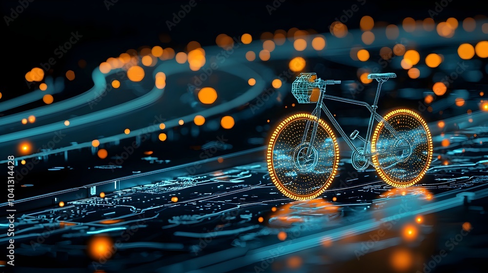 Poster glowing mesh bicycle lane illuminated by neon lights along a modern city pathway at night creating a