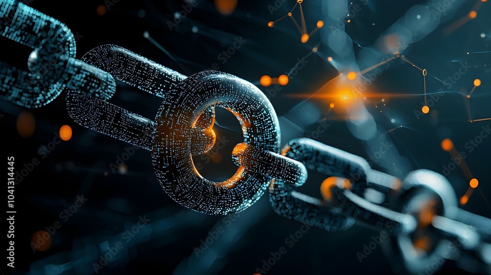 Poster Glowing mesh blockchain chains seamlessly linked together with dynamic moving data particles symbolizing the innovative and transformative nature of modern digital technology and finance