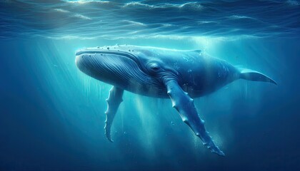 Naklejka premium Realistic Digital Artwork of a Blue Whale Swimming Underwater, Showcasing Detailed Skin Texture, Natural Blue Tones, Ocean Depths, Water Particles, and Light Filtering Through the Water