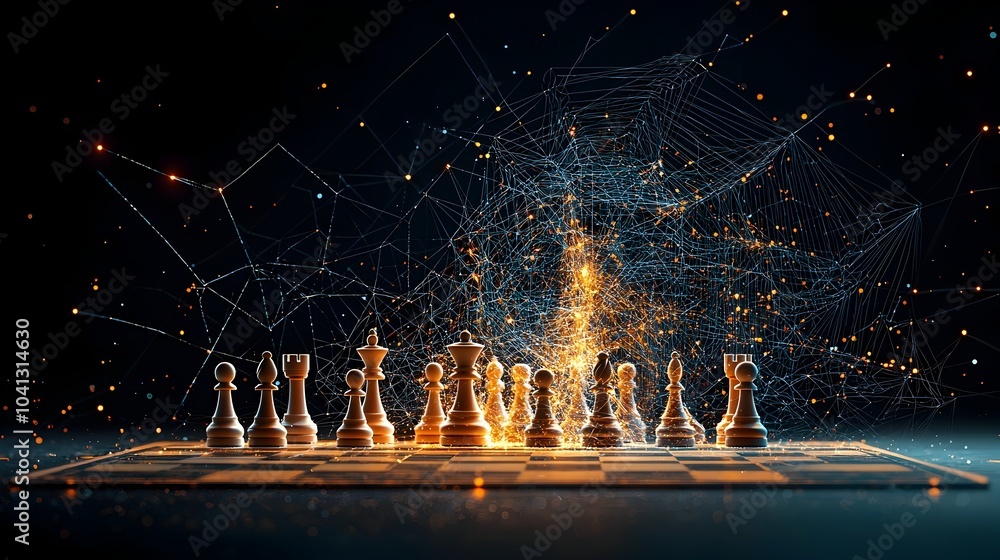 Poster glowing mesh chessboard with each chess piece outlined in luminous light patterns creating an abstra