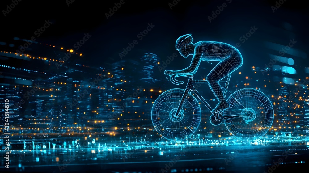 Aufkleber glowing mesh cyclist riding a light trail path through a futuristic cityscape at night dynamic high 