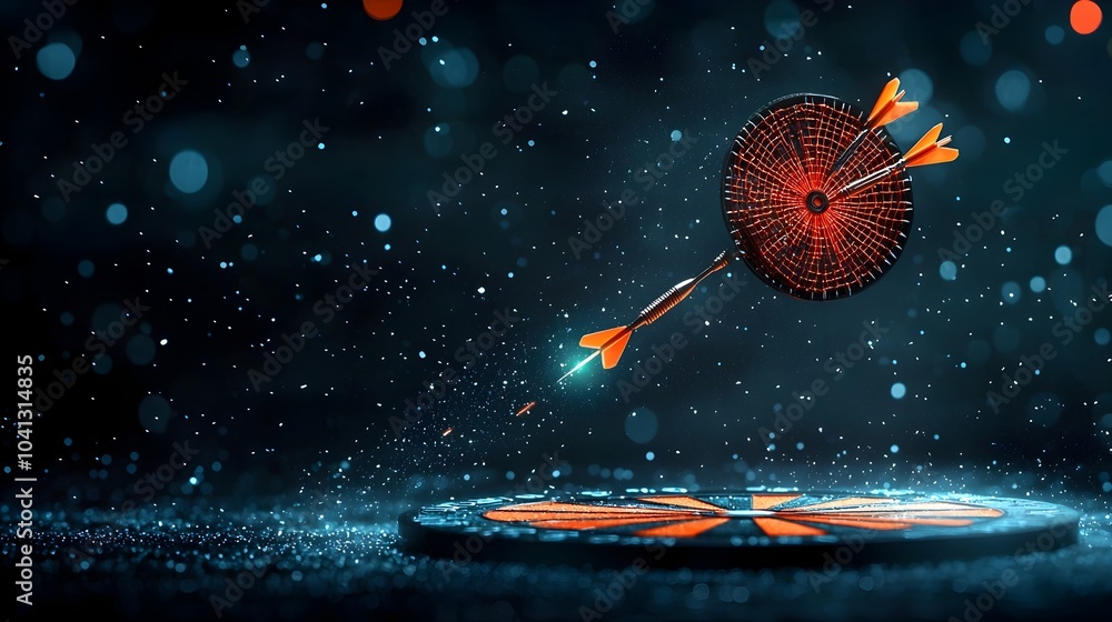 Poster glowing mesh darts captured mid flight as they soar toward a luminous digital dartboard in a dynamic