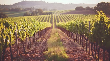 Naklejka premium Lush and flourishing vineyard with rows of grapevines heavy with ripe fruit nestled beneath towering mountains in a picturesque pastoral countryside landscape