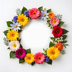 Obraz premium Colorful flowers arrange in circle shape floral wreath in round shape layout isolated on white background for creative design