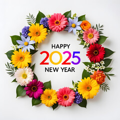 Colorful flowers arrange in circle shape floral wreath in round shape border with 2025 new year text layout isolated on white background for creative design
