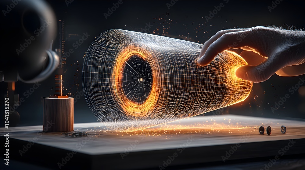 Poster glowing mesh double slit wave interference visualization in physics experiment futuristic abstract d