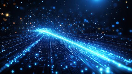 Abstract digital background with glowing lines and bokeh lights.