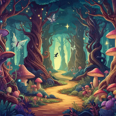 Mystical woodland with ancient trees lush vegetation and sparkling fairy lights background
