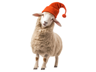 funny sheep wearing orange hat standing on isolated background for playful and festive animal character design in winter holiday theme
