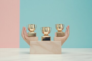 Golden Trophies on Podium: Celebrating Success and Achievement