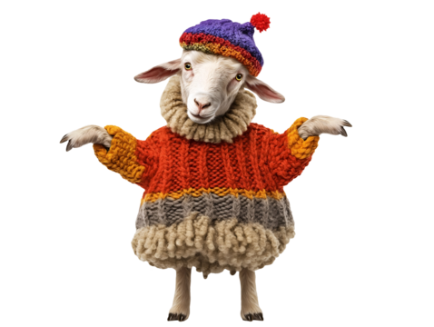 funny sheep wearing colorful knit sweater and a purple and red pom-pom hat on isolated background in cartoon style standing on hind legs for playful holiday and festive design
