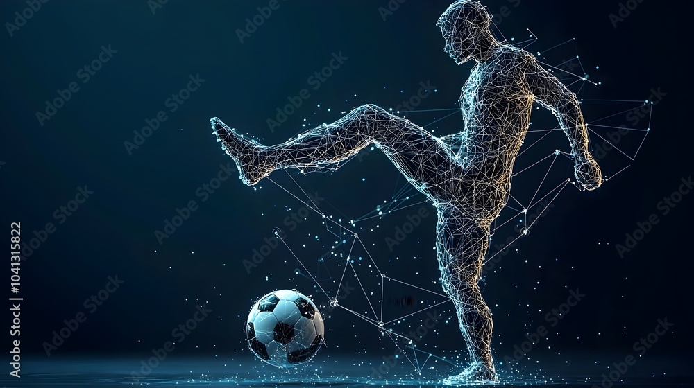 Aufkleber Glowing mesh figure dynamically kicking a soccer ball with digital arcs tracing the motion creating a futuristic abstract and tech inspired visual