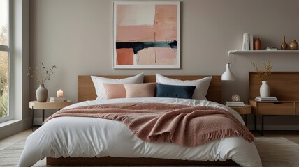 A modern bedroom with a large bed, white bedding, a pink throw blanket, and a large abstract painting on the wall. The room is decorated in a minimalist style with a wooden headboard, 