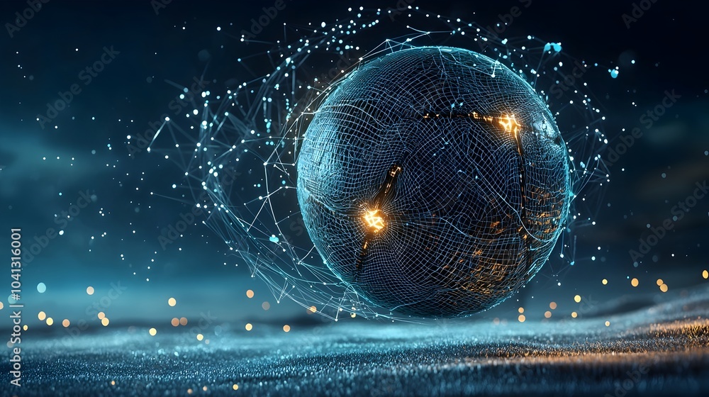 Aufkleber glowing mesh football spiraling and rotating mid air against a backdrop of illuminated goalposts cre