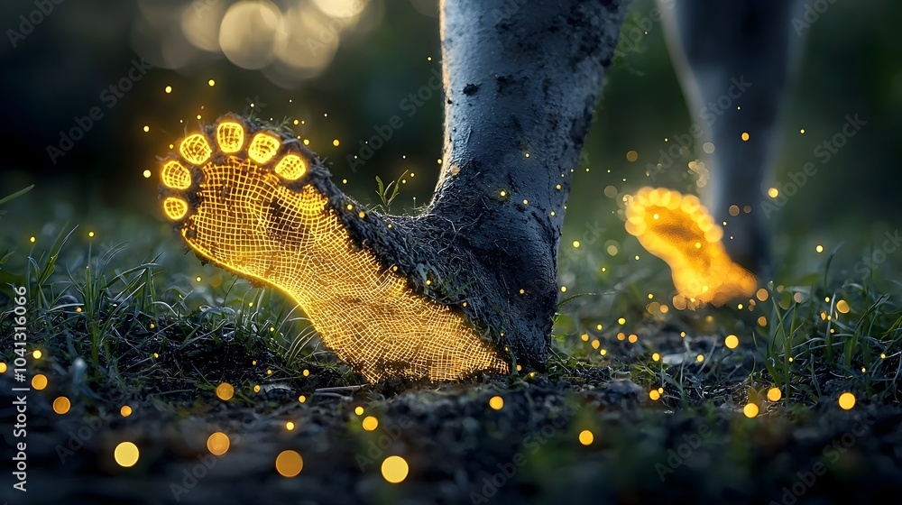 Poster glowing mesh footprint patterns winding through a forest environment representing the impacts and da