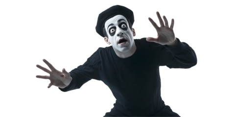 mime artist pretending to be stuck in an invisible box on isolated background for performance and theatrical art concept
