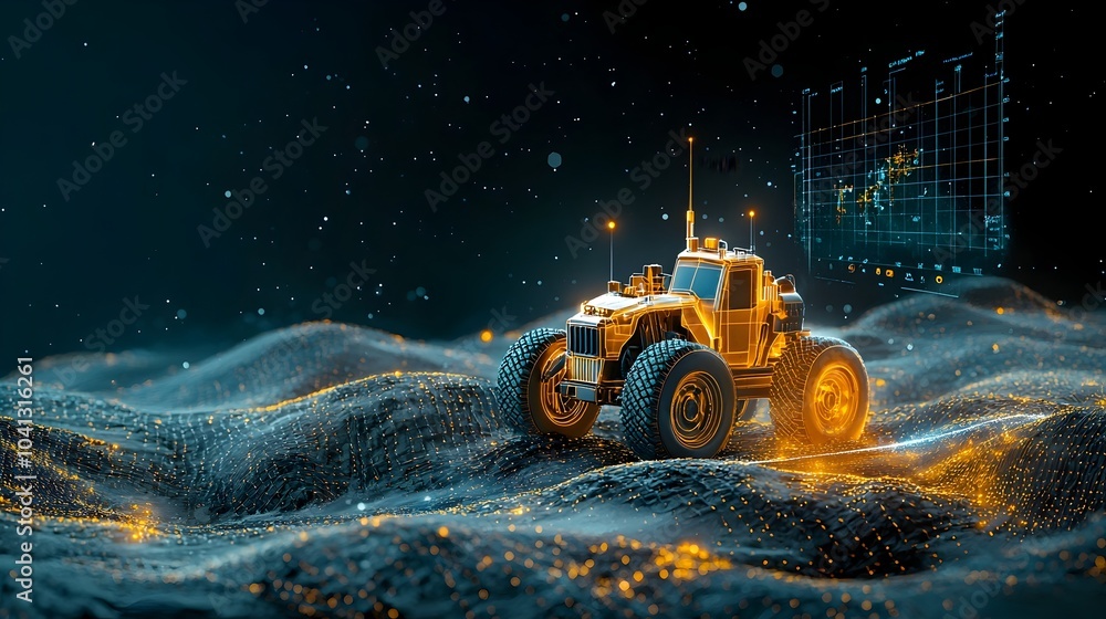 Poster glowing mesh lines and patterns depicting an off road vehicle navigating through a futuristic illumi