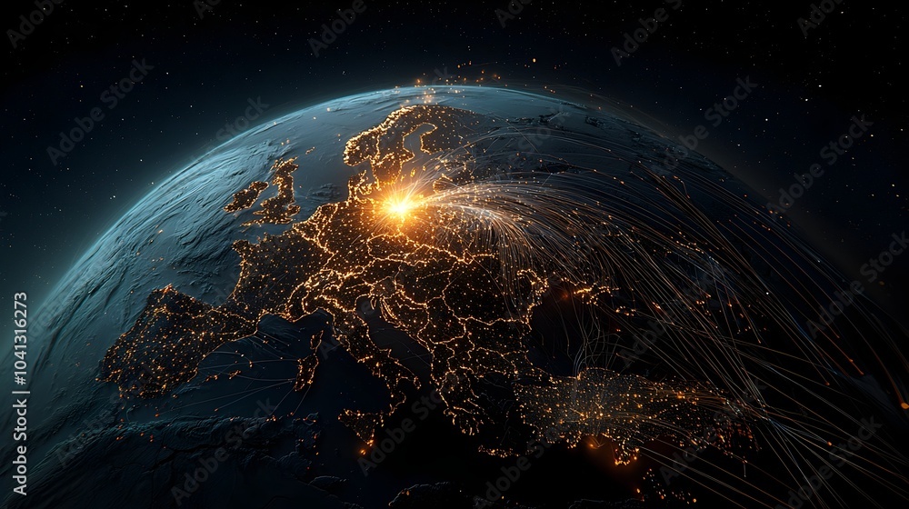 Poster glowing mesh light trails visualizing dynamic paths and flow of movement across international border