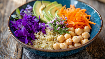Colorful Organic Buddha Bowl with Edible Flowers