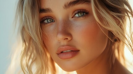Naklejka premium Healthy skin woman blonde white skin makeup beauty female model closeup. 