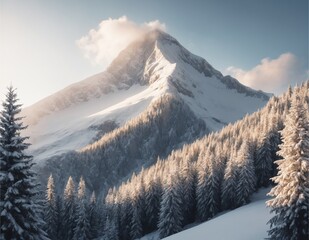 A panoramic view of snow-covered mountains in a winter landscape, showcasing the serene beauty of the Alps under a clear sky, with peaks glistening in the sunlight and a touch of fog