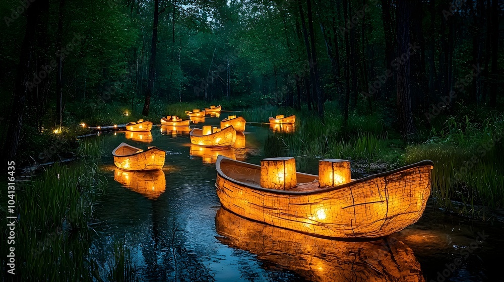 Aufkleber glowing mesh lines create a serene and ethereal atmosphere over a still lake at night with the silho
