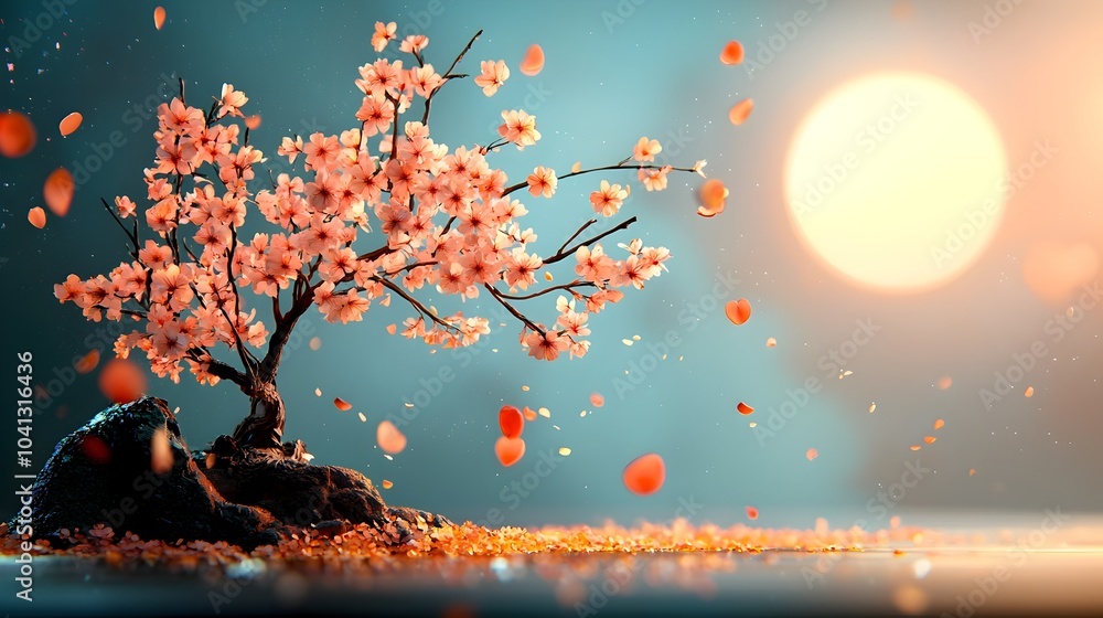 Poster glowing mesh lines create a serene and ethereal landscape featuring luminous cherry blossom trees ev