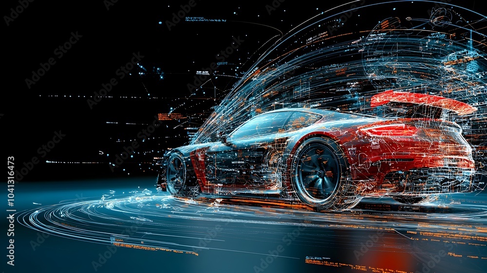 Poster glowing mesh lines creating a dynamic futuristic of a car journey with the vehicle leaving shimmerin