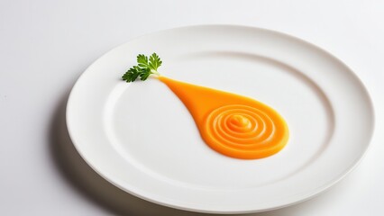 Minimalist gourmet presentation of carrot puree with parsley garnish