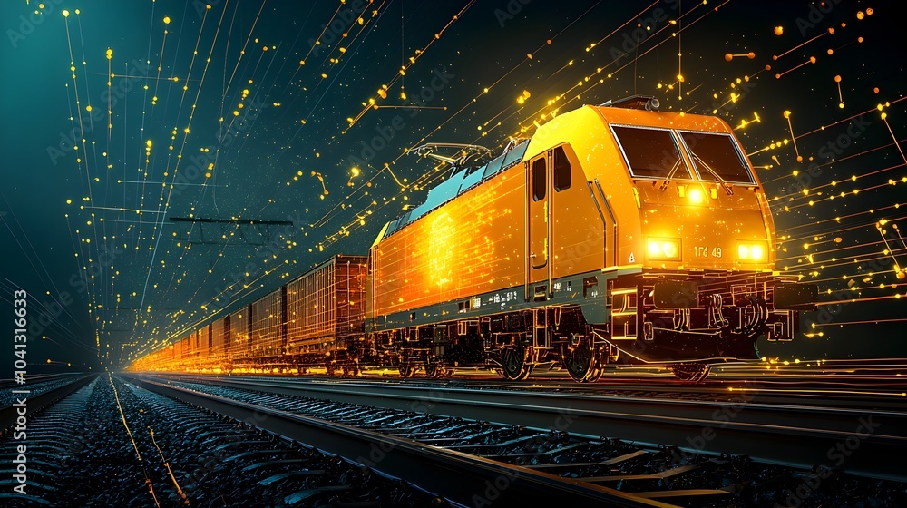 Aufkleber glowing mesh lines depicting a dynamic freight train with illuminated cargo and rails conveying a se
