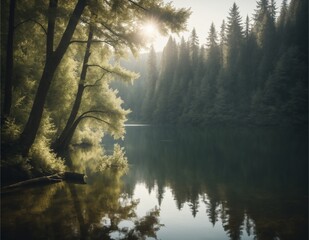 Misty morning in a serene forest by the river with reflections on the calm water and green trees under a cloudy sky