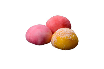 Delicious colorful asian mochi sweets with rice dough shell and fruit filling