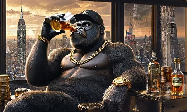 A Gorilla in a Cityscape, Wearing a Gold Chain, a Watch, and a Baseball Cap, Holding a Glass of Liquor