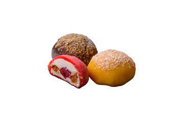 Delicious colorful asian mochi sweets with rice dough shell and fruit filling