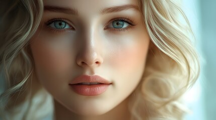 Fototapeta premium Healthy skin woman blonde white skin makeup beauty female model closeup. 