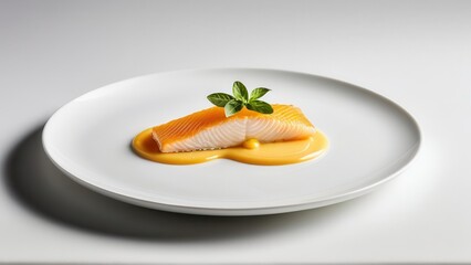 Cooked salmon fillet with a golden sauce served on a minimalistic white plate against a yellow background