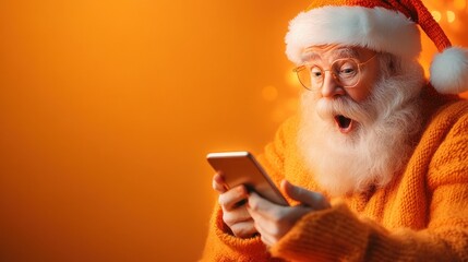 Santa in awe with smartphone on bright orange glow