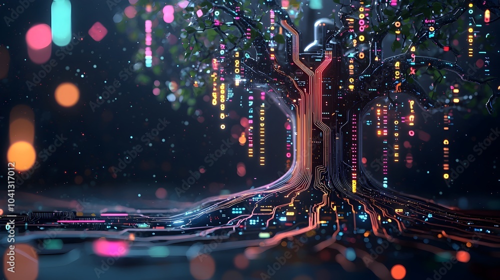 Aufkleber Glowing mesh lines forming a dynamic circuit board design with pulsating data streams representing the flow of digital information and technology