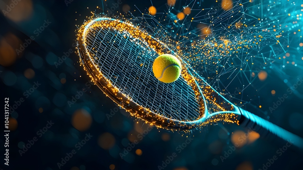 Aufkleber Glowing mesh lines forming a dynamic tennis racket with a ball in mid swing creating a futuristic and digital sports equipment