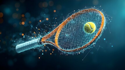 Glowing mesh lines forming a dynamic tennis racket with a ball in mid swing creating an abstract and futuristic sports equipment design