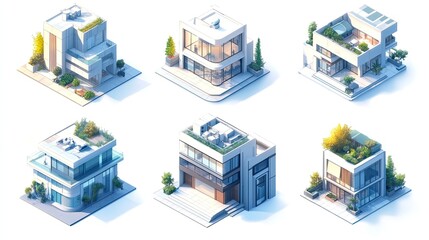 A set of isometric office buildings with clean lines, showing details like windows, doors, and rooftop gardens